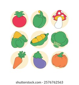 Set of colorful vegetable icons including tomato, pepper, mushroom, corn, peas, broccoli, carrot, eggplant, and pumpkin. Perfect for healthy food designs, menus, and infographics.