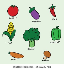 Conjunto de vegetal colorido com nome, arte vetorial