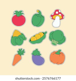 Set of colorful vegetable stickers featuring tomato, pepper, mushroom, corn, peas, broccoli, carrot, eggplant, and pumpkin. Ideal for planners, scrapbooks, food labels, or healthy lifestyle designs.