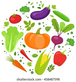 Set of colorful vegetables in circle shape background. Template for packaging, cards, posters and eco food menu. Vector stock illustration.
