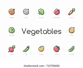 Set of colorful vegetables icons isolated on light background.