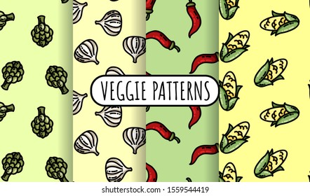 Set of colorful vegetables seamless patterns. Flat design collection of texture tiles