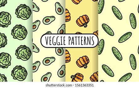 Set of colorful vegetables seamless patterns. Flat design collection of texture tiles