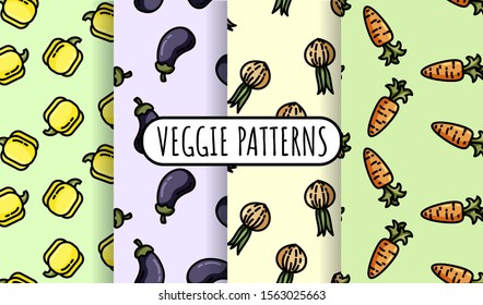 Set of colorful vegetables seamless patterns. Flat design collection of texture tiles