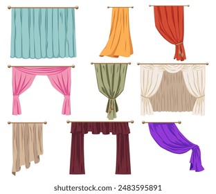 Set of colorful velvet curtains for children's shows. Open and closed curtain with gold cornice, tiebacks. Draped curtains for performances. Vector illustration isolated on white background.