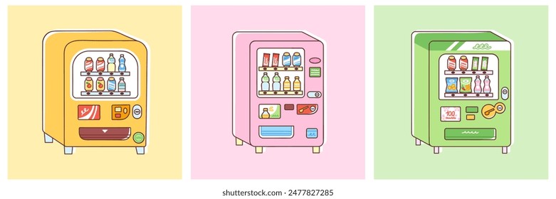 Set of colorful vending machines selling snacks and soft drinks. Vector illustration of vending machines in cute flat style.