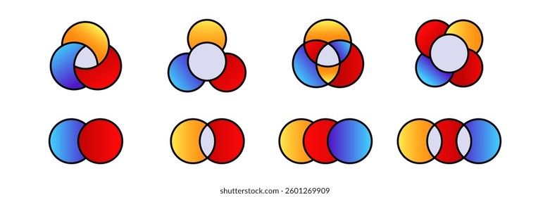A set of colorful venn diagrams showcasing overlapping circles in multiple combinations and shapes.