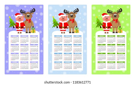 Set of colorful vertical calendars 2019.  Pig in Santa Claus costume and a happy reindeer. Cartoon characters, christmas tree, gift box and snowflakes. Week starts on Sunday. Basic grid. Vector. 
