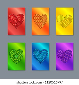 Set of Colorful Vertical Cards or Banners Design with Drawing Hearts. Collection Stickers of Rainbow Colors for Gift Cards, Greeting Cards, Postcards.