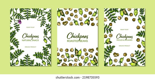 Set of colorful vertical chickpeas designs. Hand drawn illustration in colored sketch style. Botany template for packaging, banner, poster