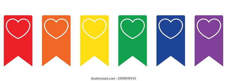 Set of colorful vertical heart-shaped bookmarks, banners arranged horizontally, showcasing a spectrum of vibrant colors on isolated white background.