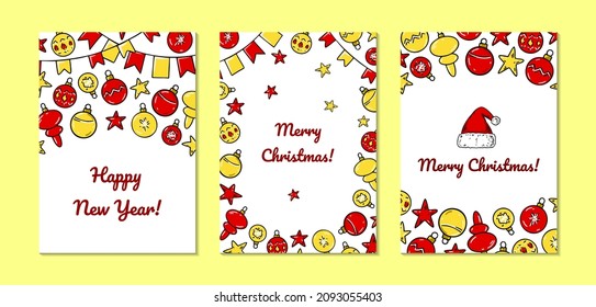 Set of colorful vertical Merry Christmas and Happy New Year greeting cards with bright Christmas tree toys. Hand drawn vector illustration