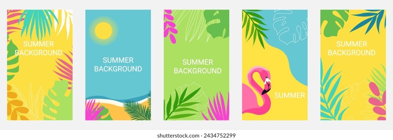 A set of colorful vertical summer backgrounds. Tropical leaves, exotic flowers and flamingos. Ideal for postcards, flyers, and advertisements.