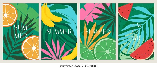 Set of colorful vertical summer posters. Bright summer backgrounds with palm leaves. Vector illustrations.