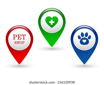 set of colorful veterinary pointers with pets icons