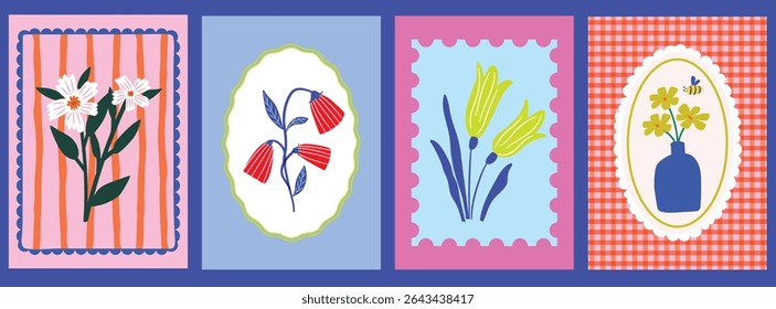 Set of Colorful vibrant flower illustration posters in doodle scalloped borders. Hand drawn flat simple shapes floral drawing. Trendy design for cards, print, kitchen, branding, fashion graphics.
