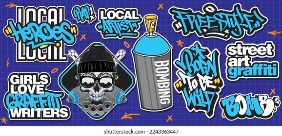 A set of colorful or vibrant graffiti art stickers. Street art theme, urban style for T-shirt design, graffiti design for wallpaper, wall art or print art designs.