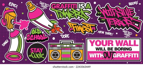 A set of colorful or vibrant graffiti art stickers. Street art theme, urban style for T-shirt design, graffiti design for wallpaper, wall art or print art designs.