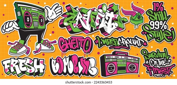 A set of colorful or vibrant graffiti art stickers. Street art theme, urban style for T-shirt design, graffiti design for wallpaper, wall art or print art designs.