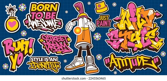 A set of colorful or vibrant graffiti art stickers. Street art theme, urban style for T-shirt design, graffiti design for wallpaper, wall art or print art designs.