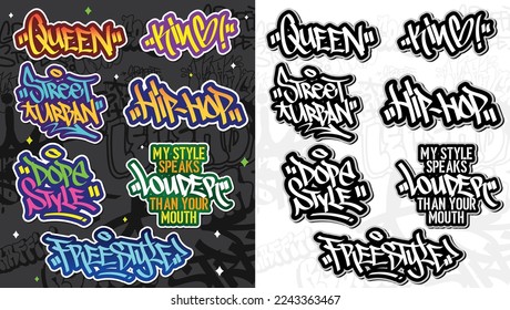 A set of colorful or vibrant graffiti art stickers. Street art theme, urban style for T-shirt design, graffiti design for wallpaper, wall art or print art designs.