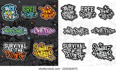 A set of colorful or vibrant graffiti art stickers. Street art theme, urban style for T-shirt design, graffiti design for wallpaper, wall art or print art designs.