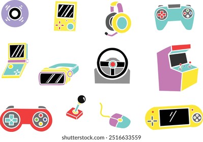 Set von bunten Videospiel Flaches Design, Gamepad Elemente, Retro Videospiel Gadgets, Joystick, Konsole und Desktop. Vektorgrafik-Symbol für Spielgerät, Clipart, Aufkleber