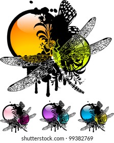 Set of colorful vignettes with floral elements and dragonfly