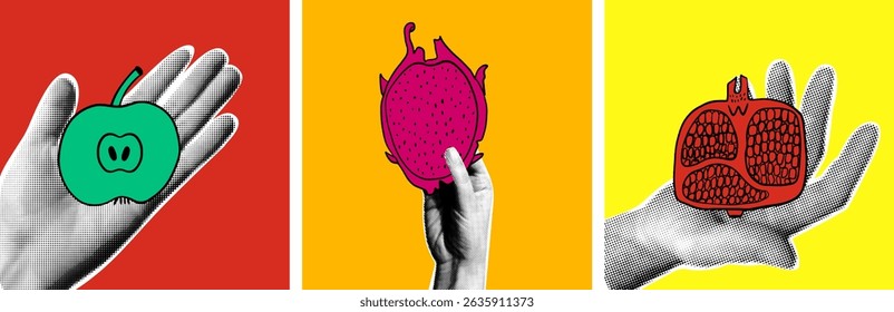 Set of colorful vintage cards with fruits.  Vector illustrations in dotted hands against bright summer background. Graphic halftone style elements with healthy food. Posters with  an apple