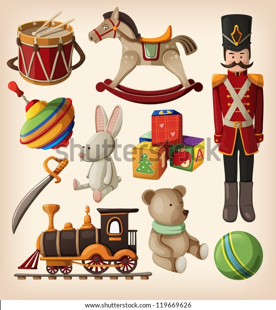 Set of\
colorful vintage christmas toys for\
kids.