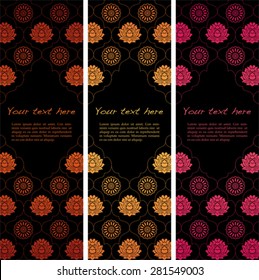 Set of colorful vintage classical dark Asian lotus and mandala pattern vertical banners with space for text
