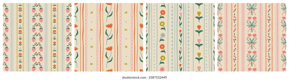 Set of colorful vintage flower art seamless pattern illustration. Retro nature floral background collection in hand drawn style. Spring season decoration texture, nature textile drawing print.