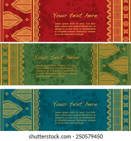 Set of colorful vintage grunge oriental henna style border design horizontal banners with space for text
