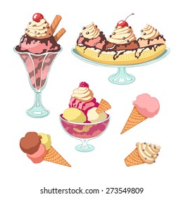 Set of colorful vintage isolated ice cream.