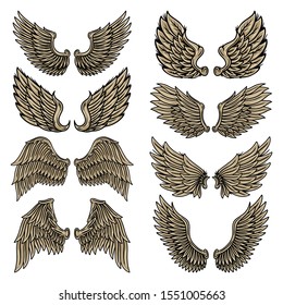 Set colorful vintage retro wings angels and birds isolated vector illustration in tattoo style. Design element for logo, badge, tattoo, t-shirt, banner, poster.