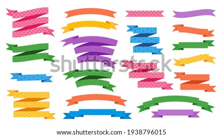 Set of colorful vintage ribbons with pattern isolated on white. Retro ribbon banner in modern simple flat design. Design elements for decor postcards wedding invitation, discount promo, greeting card