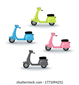 Set of colorful vintage scooters isolated on white background, vector illustration