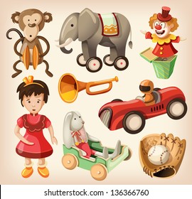 Set of colorful vintage toys for kids.