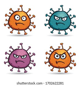 Set of colorful virus in cartoon style, with several facial expressions like rage, madness, fright, and amazement. Vector illustration on white background.