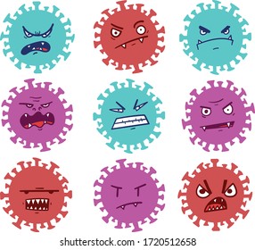 Conjunto de virus coloridos con caras enfadadas