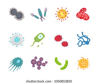 Set colorful viruses vector illustration. Bacteria and micro-organisms in cartoon style.