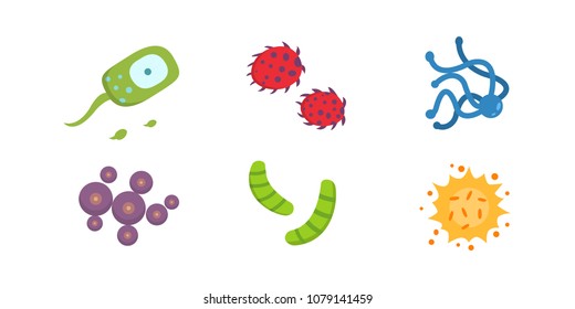 Set colorful viruses vector illustration. Bacteria and micro-organisms in cartoon style.