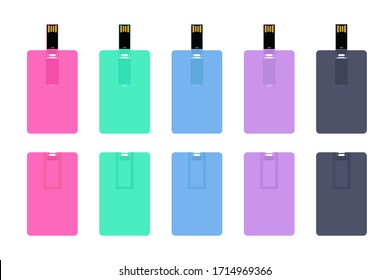 Conjunto de tarjetas flash USB de wafer coloridas, vista posterior cerrada y vista frontal abierta. Plantilla vacía para identidad corporativa. Ilustración vectorial plana simple aislada en fondo blanco 