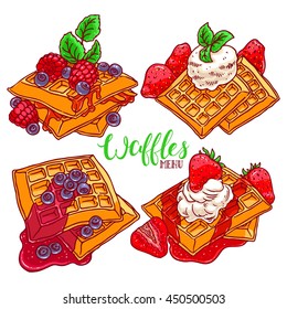 set of colorful waffles with different berries and syrups. hand-drawn illustration