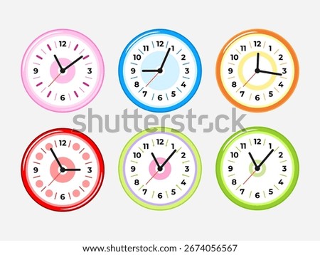 Set of colorful wall clocks with analog design, perfect for education, time learning, infographic, and decorative illustration.
