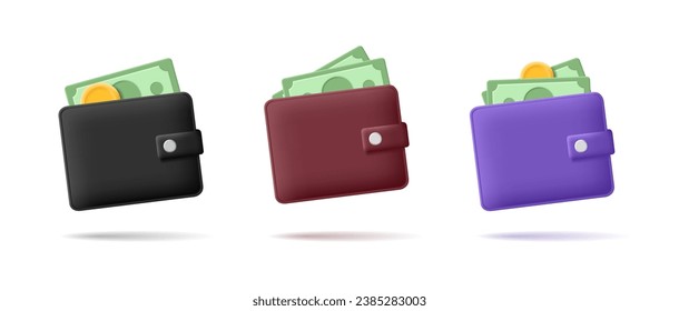 Set of colorful wallets with cash and coins 3D. Icon for business, finance, banking, and investment design concepts.