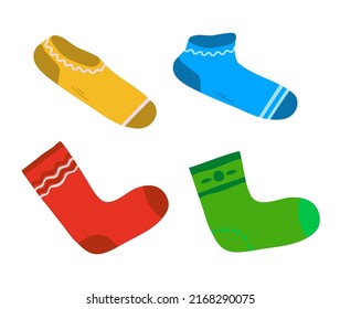 Set of colorful warm socks. Wool clothes. Sock for man and woman. Winter season collection. Beauty and fashion. Vector cartoon illustration isolated on white background