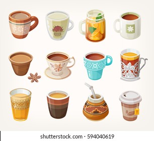 Set of colorful warm tea cups from all over the world. Victor illustrations for your designs.