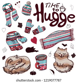 Set of colorful warm winter clothes in the style of Hugge. Collection of isolated objects in the style of Hugge. Winter scarf, winter hat, warm mittens and blanket, cocoa and fluffy cat.