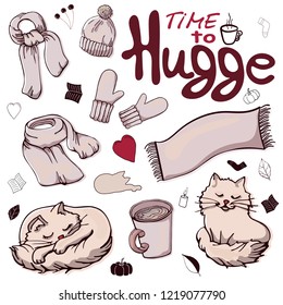 Set of colorful warm winter clothes in the style of Hugge. Collection of isolated objects in the style of Hugge. Winter scarf, winter hat, warm mittens and blanket, cocoa and fluffy cat.